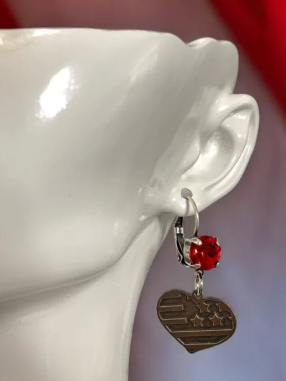 American Flag Heart Red Crystal Dangle Earrings